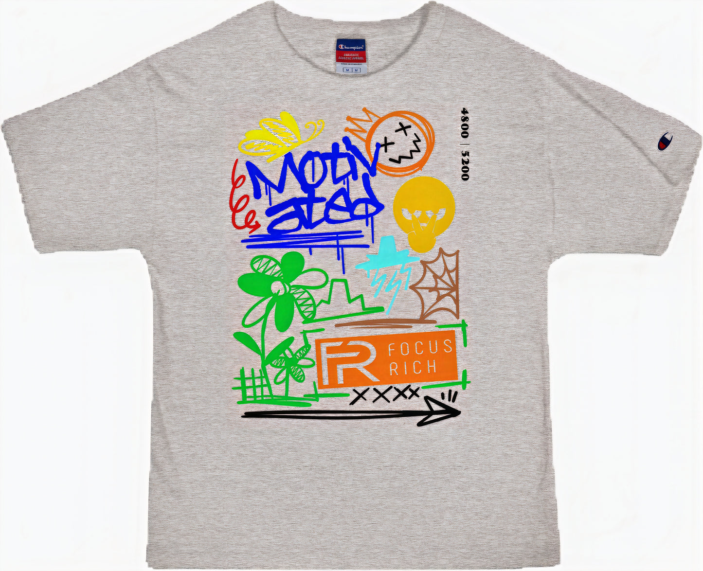 Gray Motivated t-shirt by Champion x Focus Rich Clothing with bold symbols of motivation, transformation, and personal growth