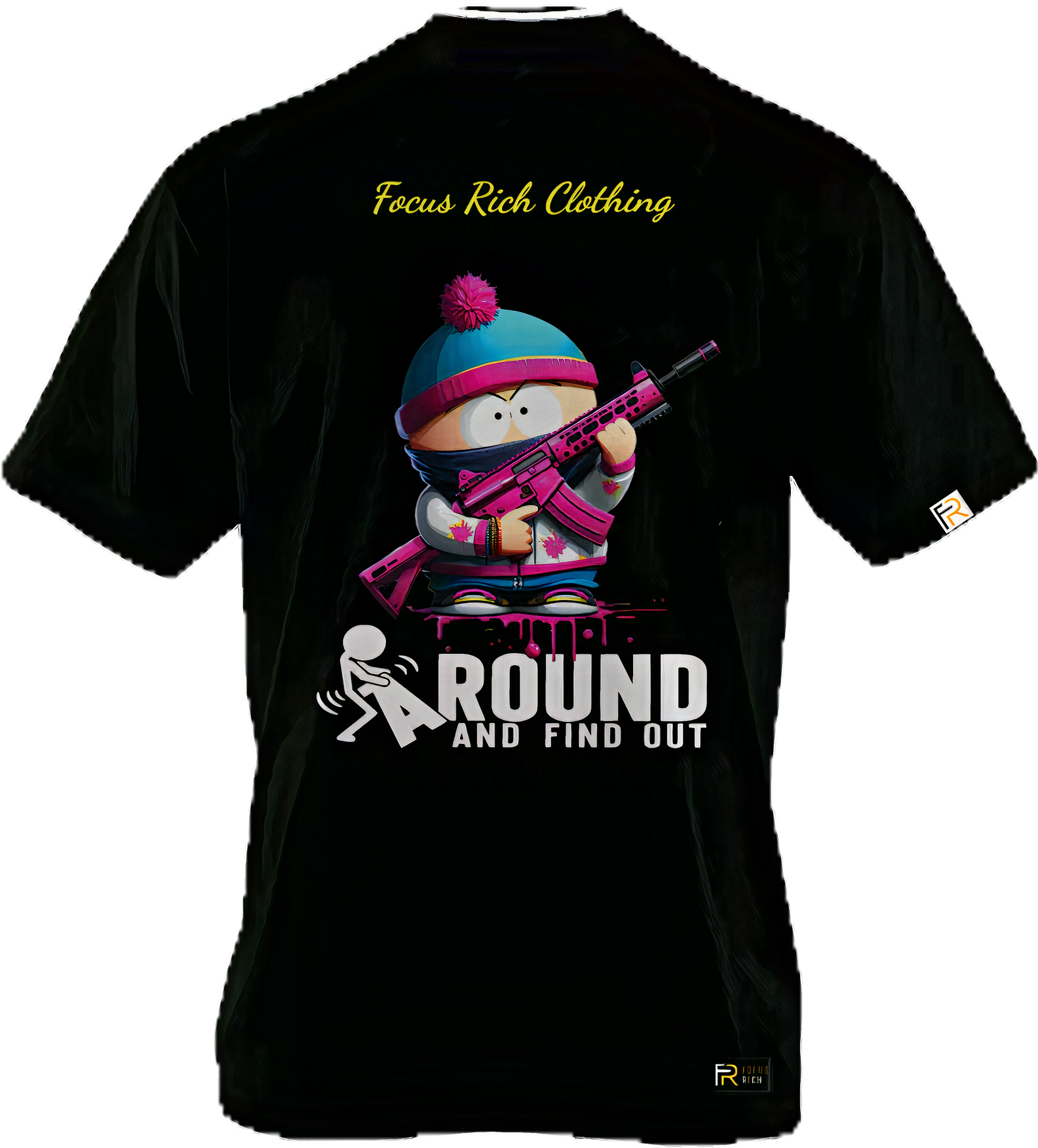 Black South Park x Focus Rich FAFO Stan t-shirt featuring bold gun graphic and FAFO lettering in oversized streetwear fit